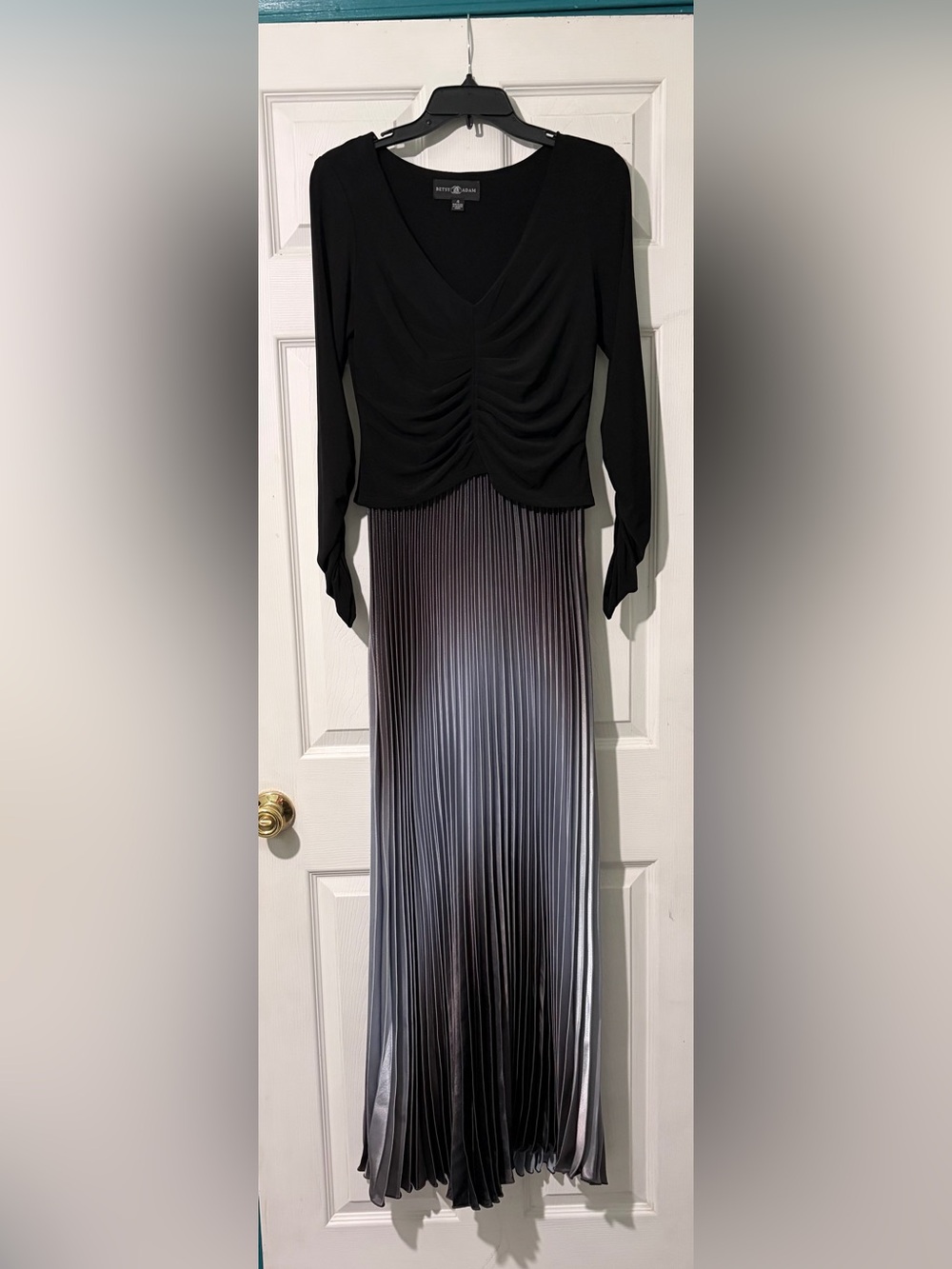 Betsy & Adam Black Top with Silver-Pewter Pleated Maxi Skirt